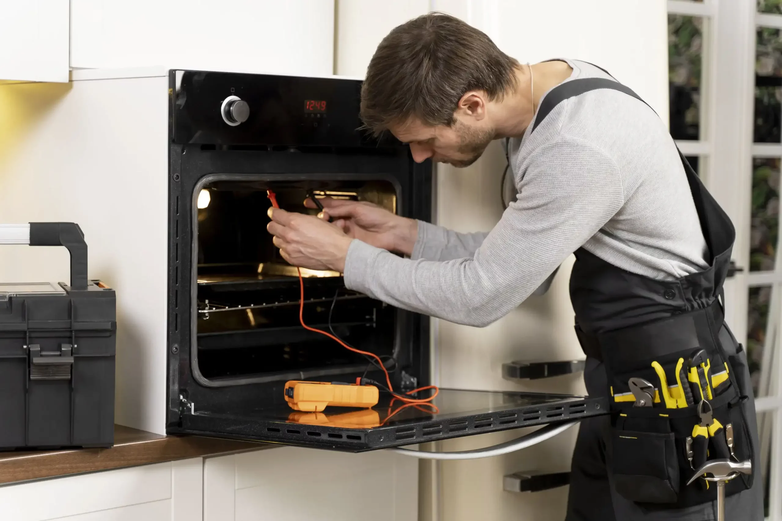 a repairman installing electric stove in Ottawa