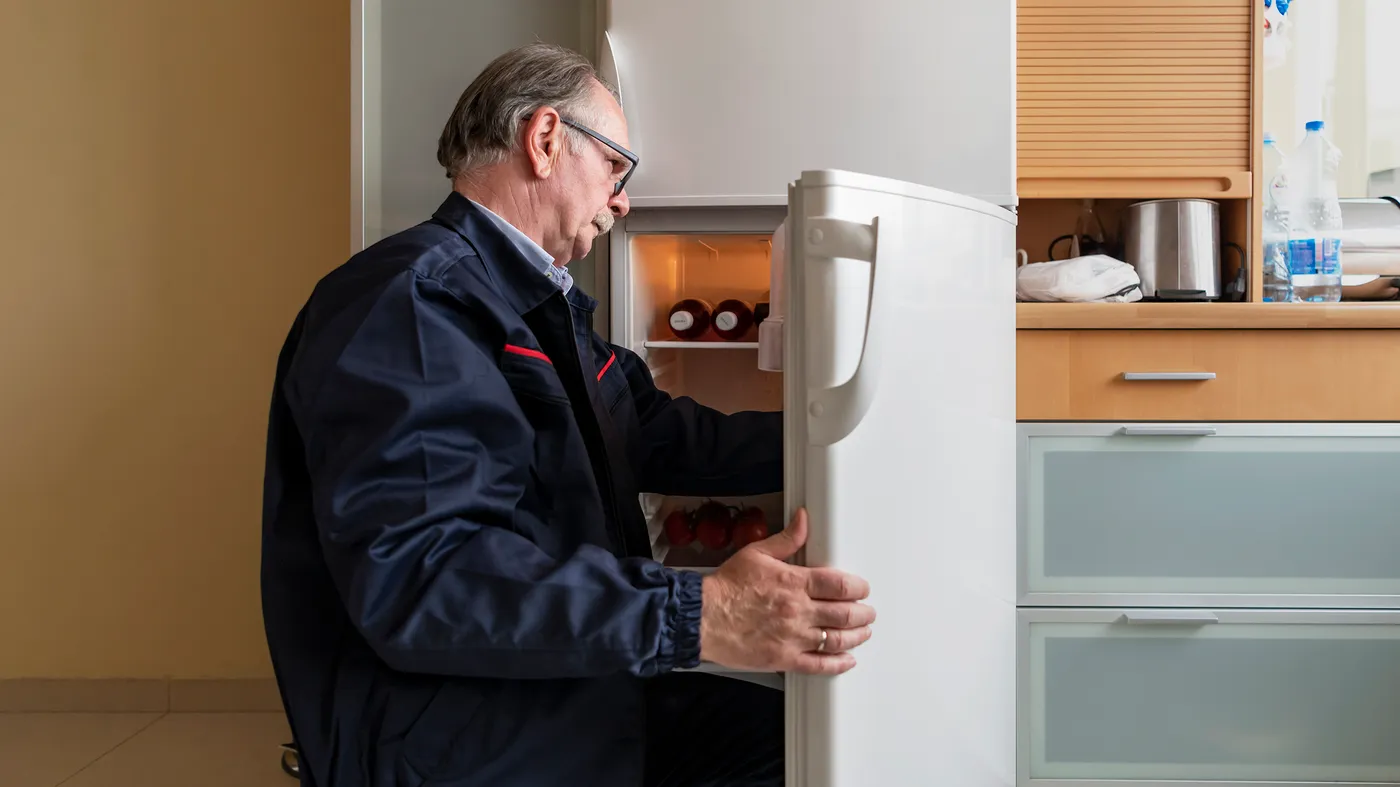 Expert repairman opens fridge door to fix it